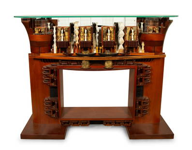 Po Shun Leong (English, b. 1941) Console Table with Glass Cubes by Latchezar Boyadjiev: Po Shun Leong (English, b. 1941) Console Table with Glass Cubes by Latchezar Boyadjiev various woods, glass Height 37 1/2 x width 49 x depth 14 inches. Property from the Collection of Robert P.