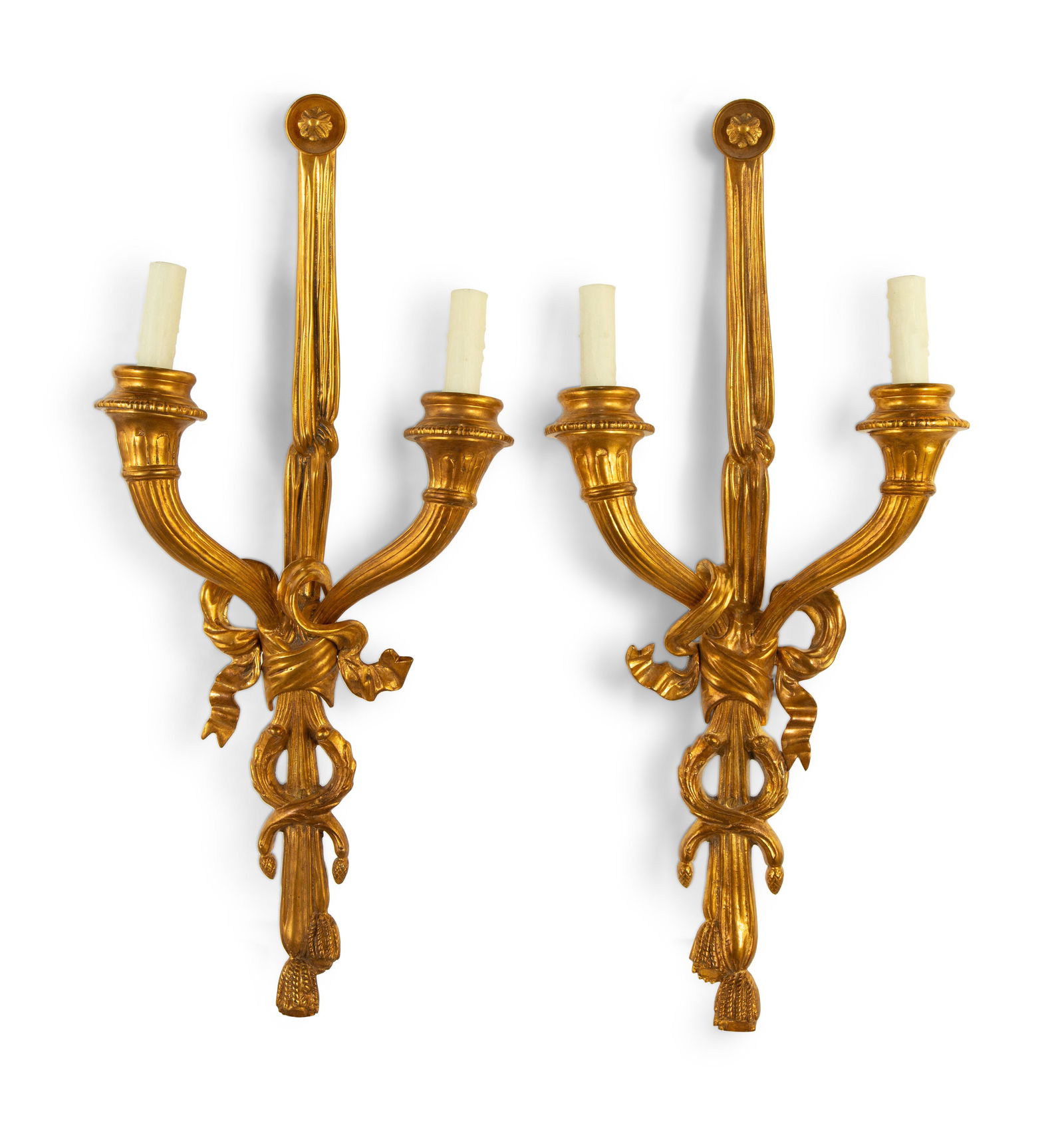 A Pair of Continental Gilt Bronze Two-Light Sconces Height 26 x width 11 1/2 x depth 4 1/2 inches. (1 of 3)