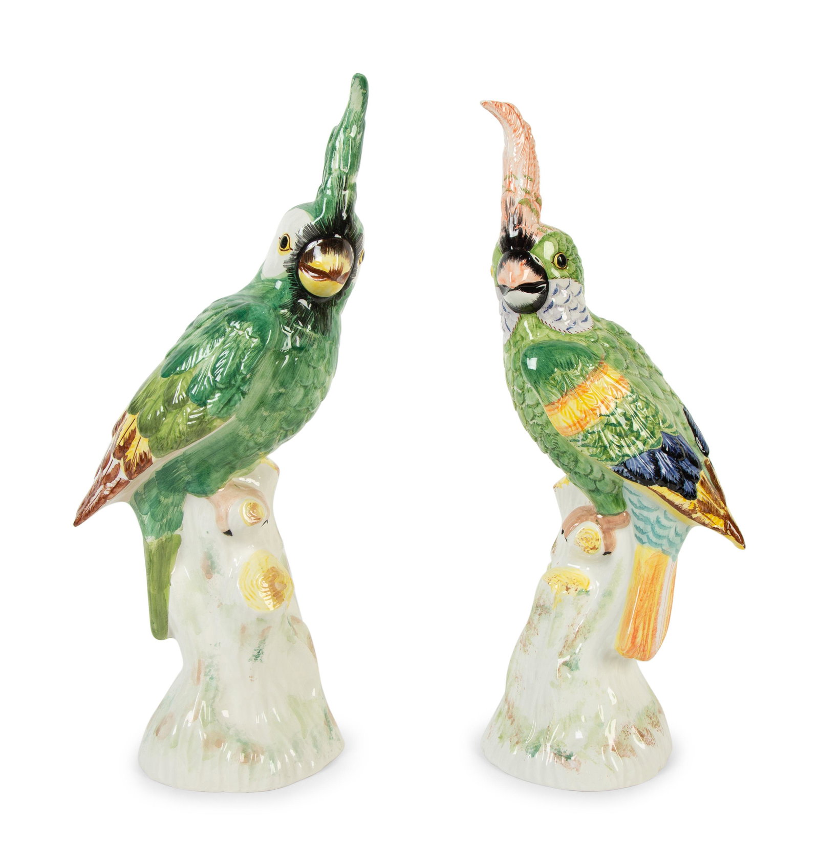 A Pair of Mottahedeh Porcelain Cockatoos Height of each 15 1/2 inches.: A Pair of Mottahedeh Porcelain Cockatoos 20th Century Height of each 15 1/2 inches. Property from the Collection of Robert P. Hunter, Jr. and Barbara Hunter, Alpharetta, Georgia