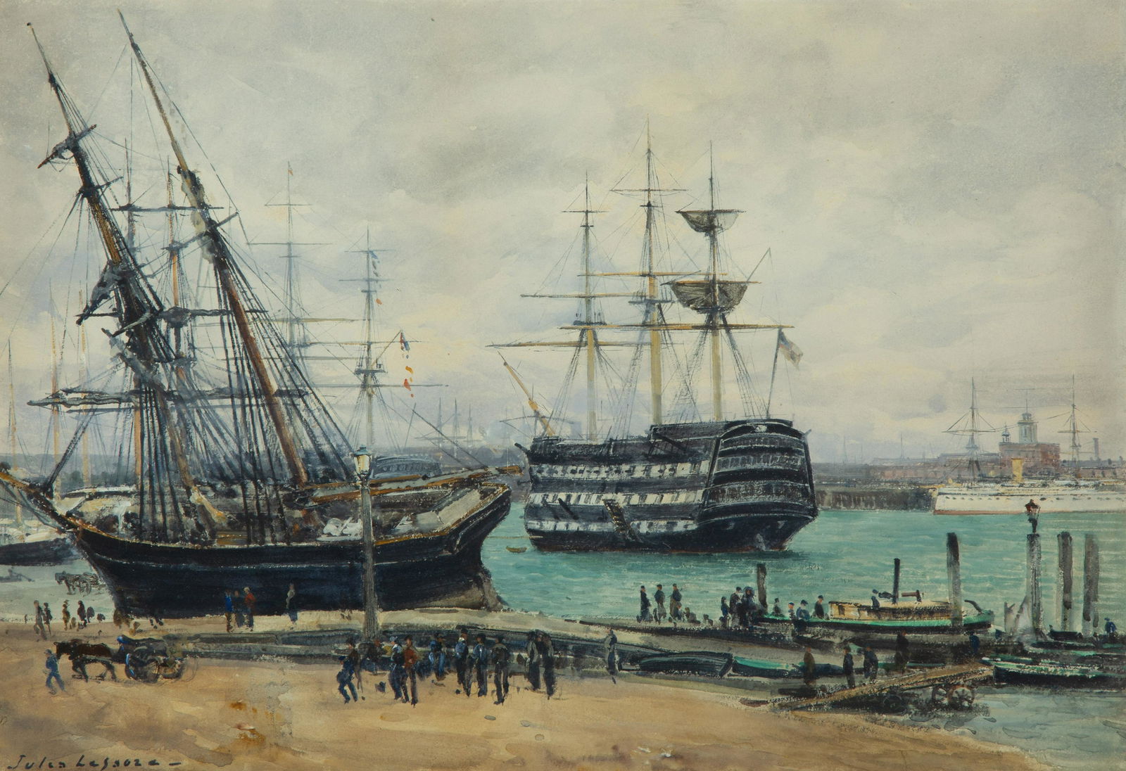 Jules Lessore (British, 1849-1892) Portsmouth Harbor with HMS Victory at Anchor (1 of 5)