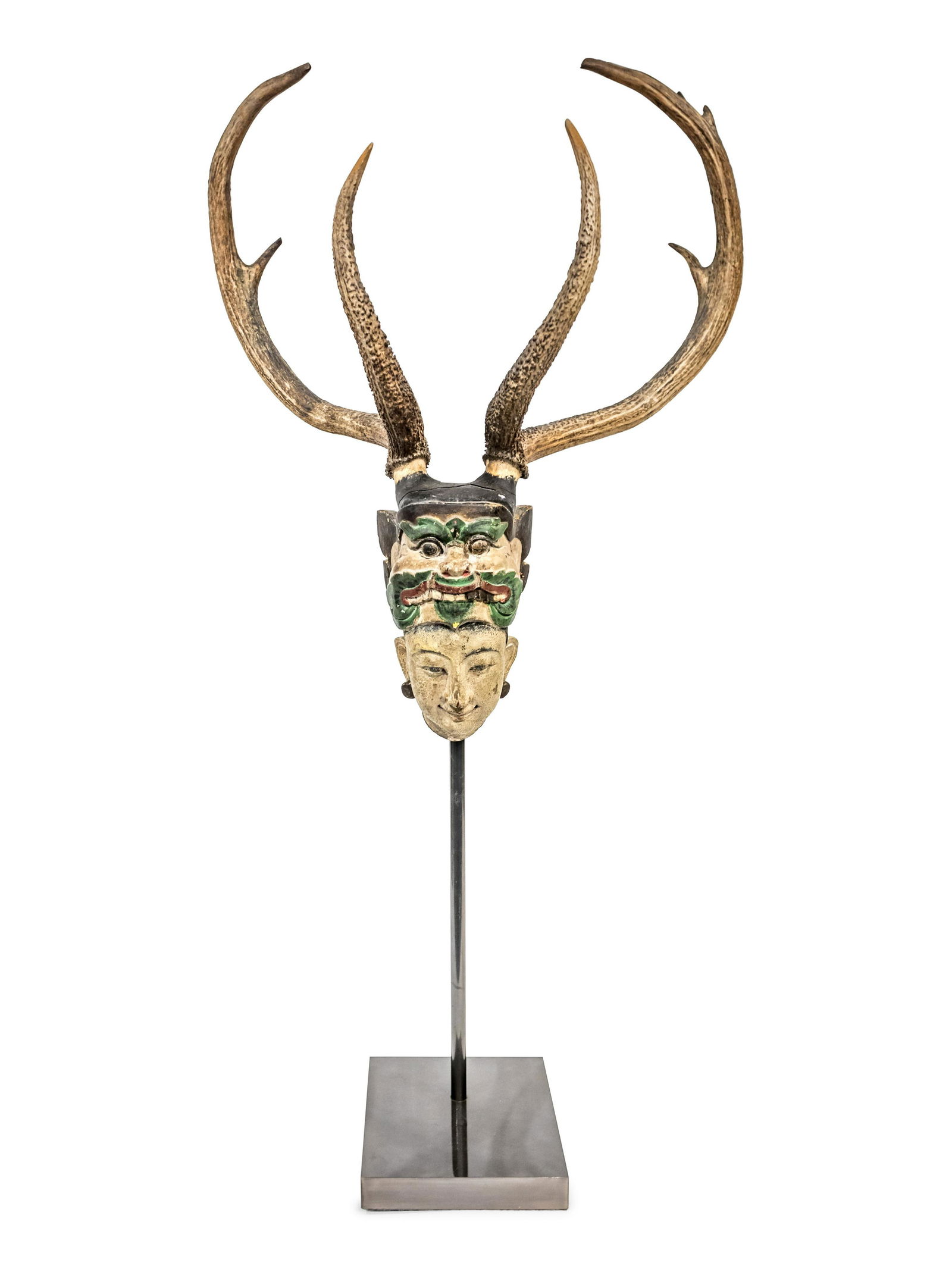 A Burmese Nat Bust With Antlers Height overall 42 1/2 x width 23 x depth 20 inches. (1 of 1)