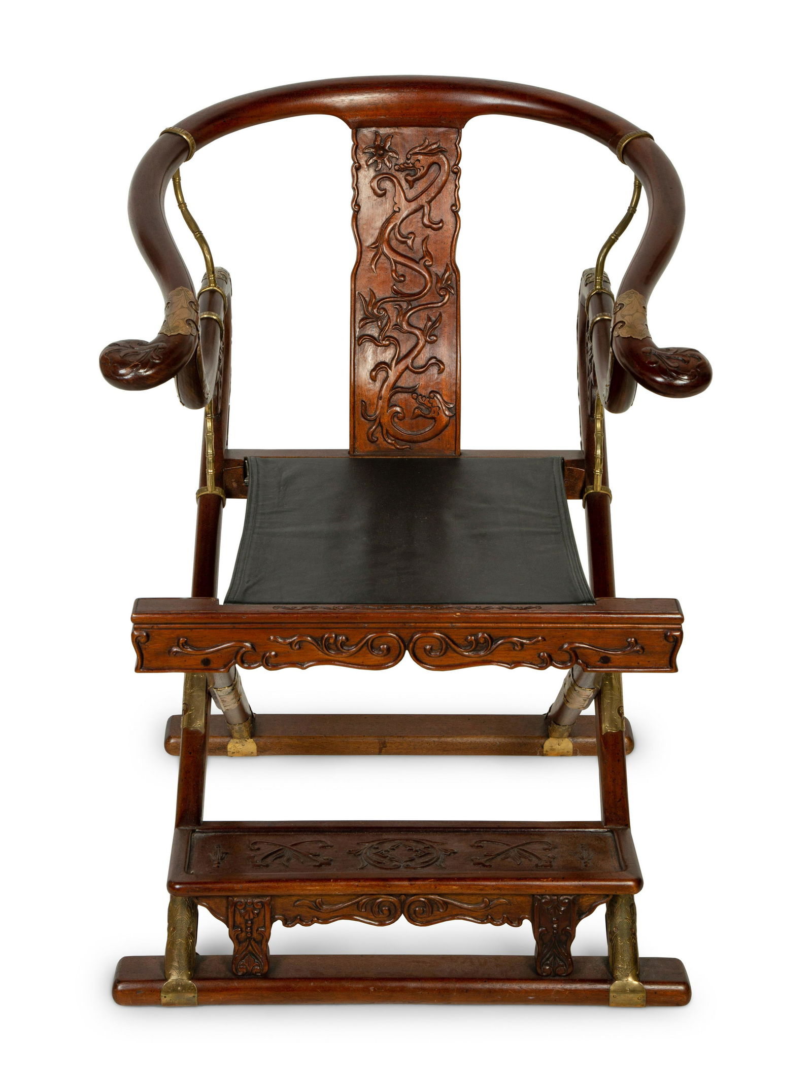 A Chinese Brass Mounted Yoke Back Armchair Height 35 1/2 x width 25 1/4 x depth 27 inches. (1 of 6)