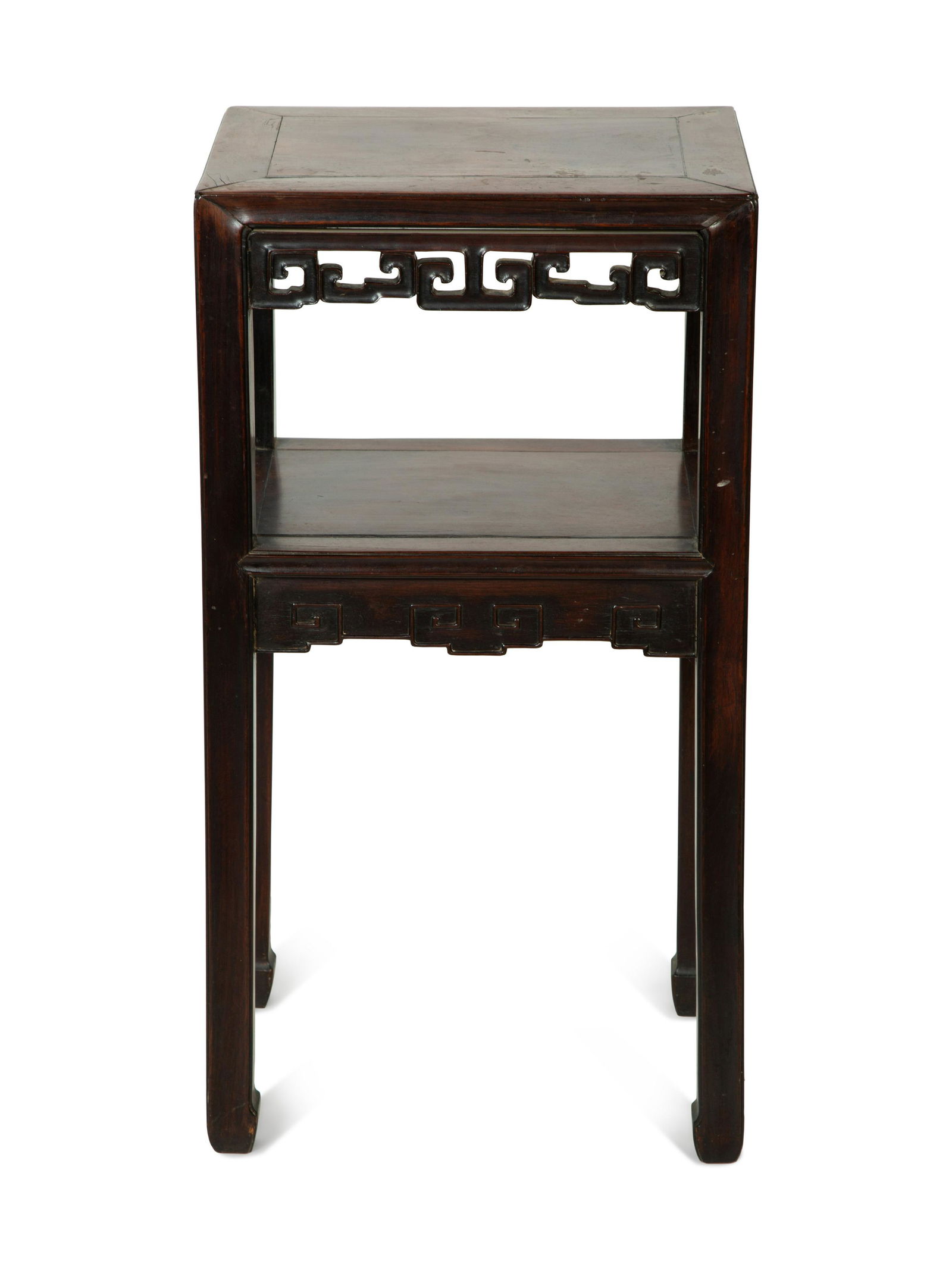 A Chinese Carved Hardwood Two-Tier Table Height 31 1/2 x width 16 1/2  depth 12 1/4 inches. (1 of 3)