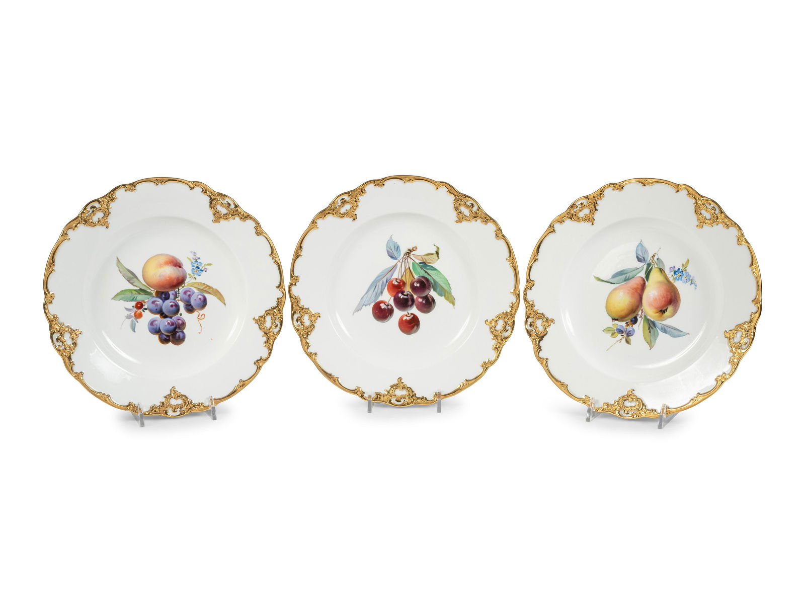 Three Meissen Porcelain Parcel Gilt and Hand Painted Fruit Plates (1 of 2)