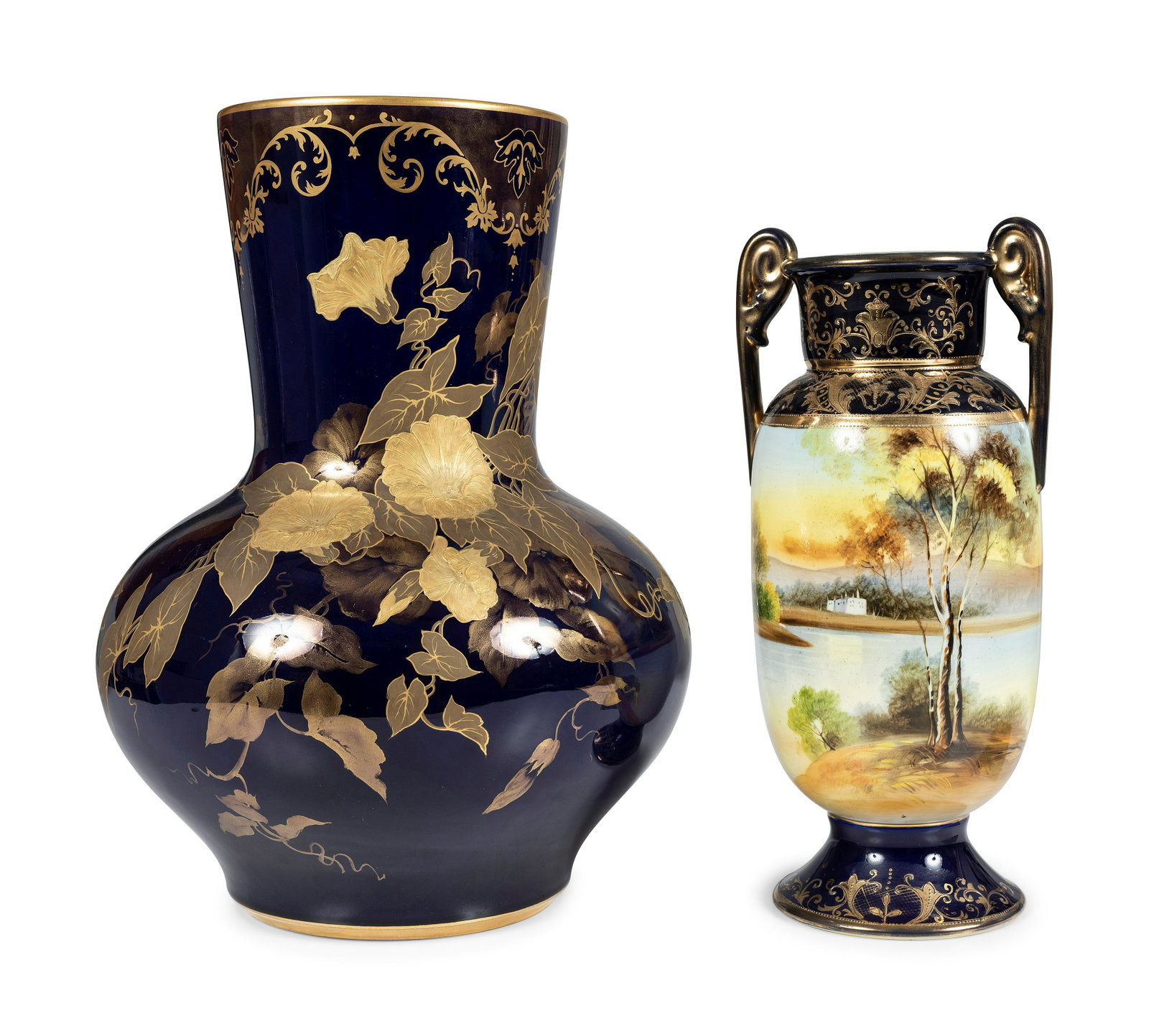 A Wm. Guerin & Co. Limoges Vase and Nippon Landscape Vase: A Wm. Guerin & Co. Limoges Vase and Nippon Landscape Vase 20th Century Height of Guerin vase 15 1/2 inches. Height of Nippon vase 13 1/4 inches. Property from the Collection of the Sisters of Charity,
