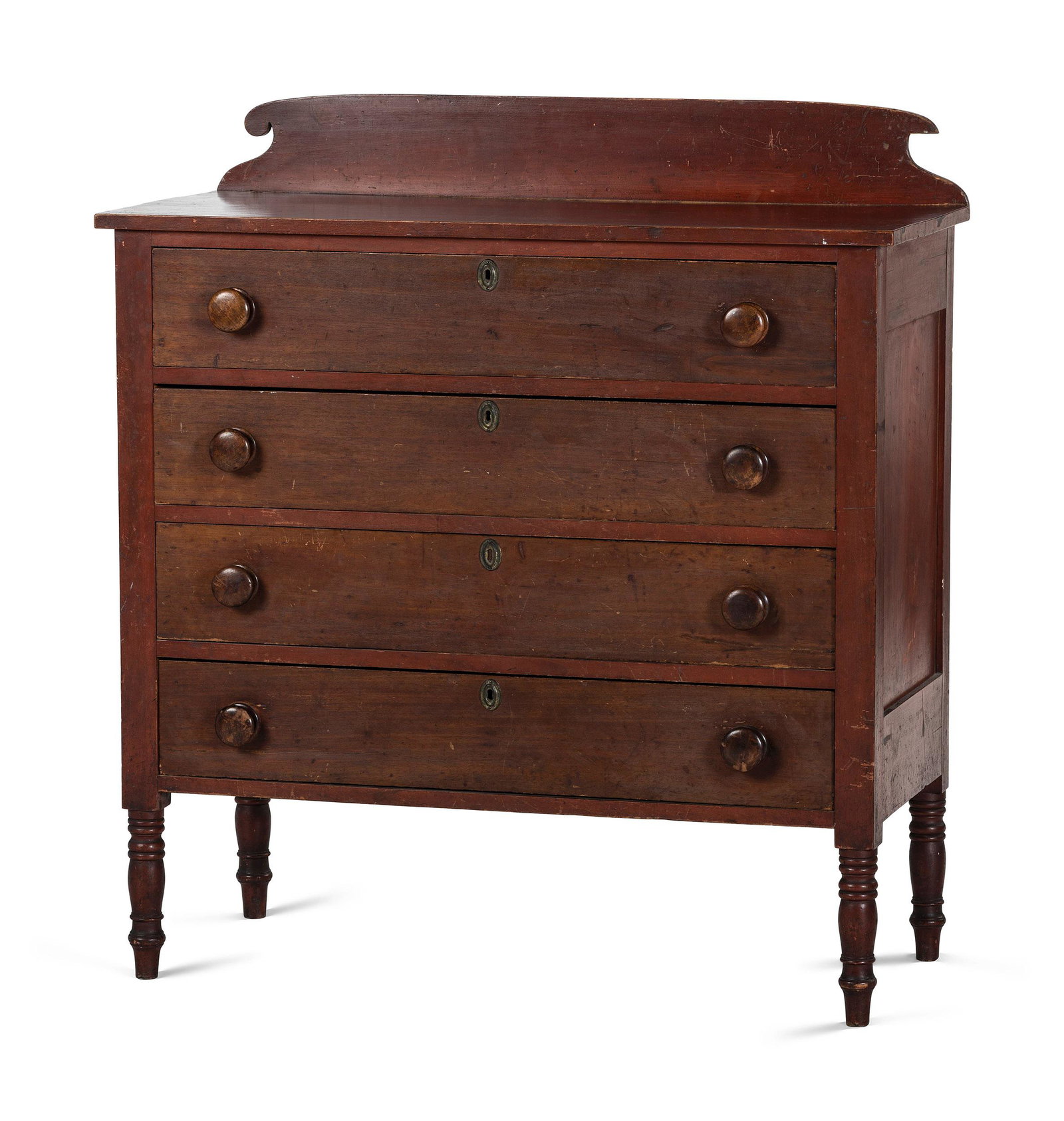 A Late Federal Red-Stained Maple and Walnut Veneered Chest of Drawers: A Late Federal Red-Stained Maple and Walnut Veneered Chest of Drawers Likely Ohio, Mid 19th Century the top drawer with compartmented interior. Height 45 5/8 x width 42 x depth 19 1/8 inches. Property