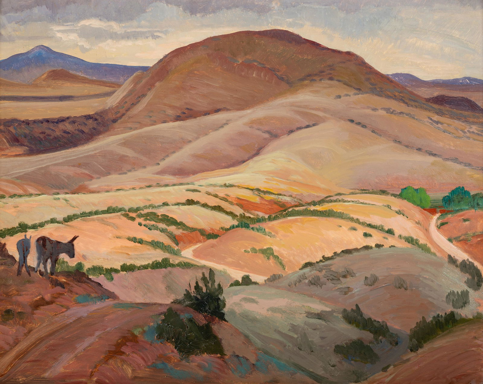 Will Shuster (American, 1893-1969) Donkeys in Landscape: Will Shuster (American, 1893-1969) Donkeys in Landscape oil on board 16 x 20 inches Provenance: Gerald F. Peters Gallery, Santa Fe, New Mexico