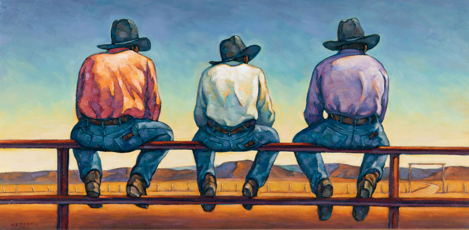 Howard Post (American, b. 1948) Three Ranch Hands: Howard Post (American, b. 1948) Three Ranch Hands oil on canvas signed H.E. Post (lower left) 15 x 30 inches
