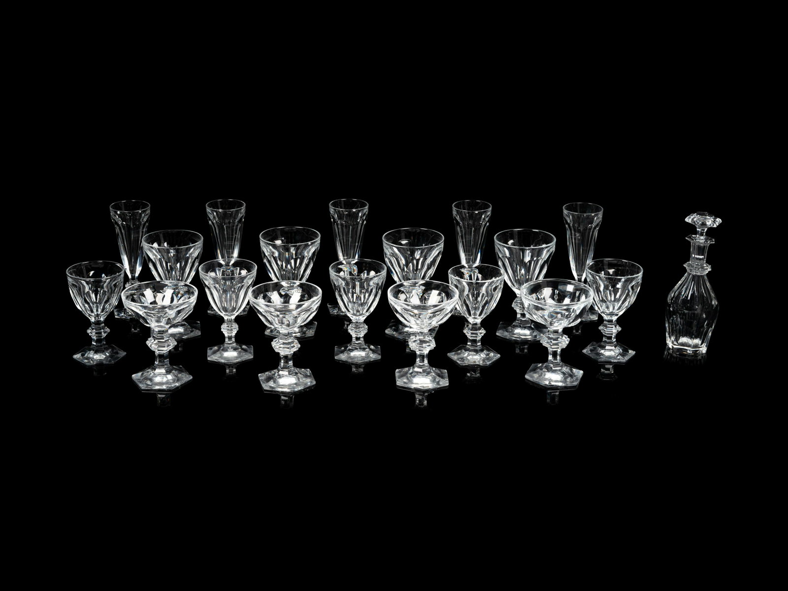 A Baccarat Harcourt Stemware Service Height of water goblets 6 inches.: A Baccarat Harcourt Stemware Service 20th Century comprising: 12 water goblets 11 wine glasses 10 coupe glasses 5 flutes 1 small decanter with stopper; 39 items total. Height of water goblets 6 inches