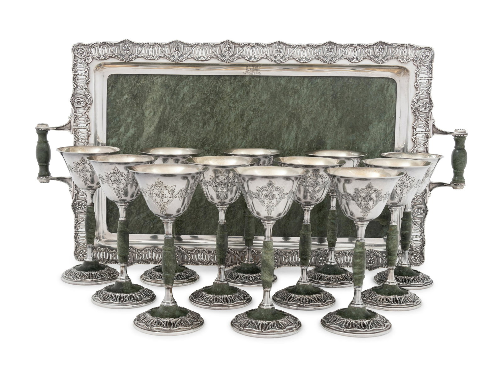 A Set of Twelve American Silver and Hardstone Goblets with Tray Height of goblets 6 1/2 inches; (1 of 4)