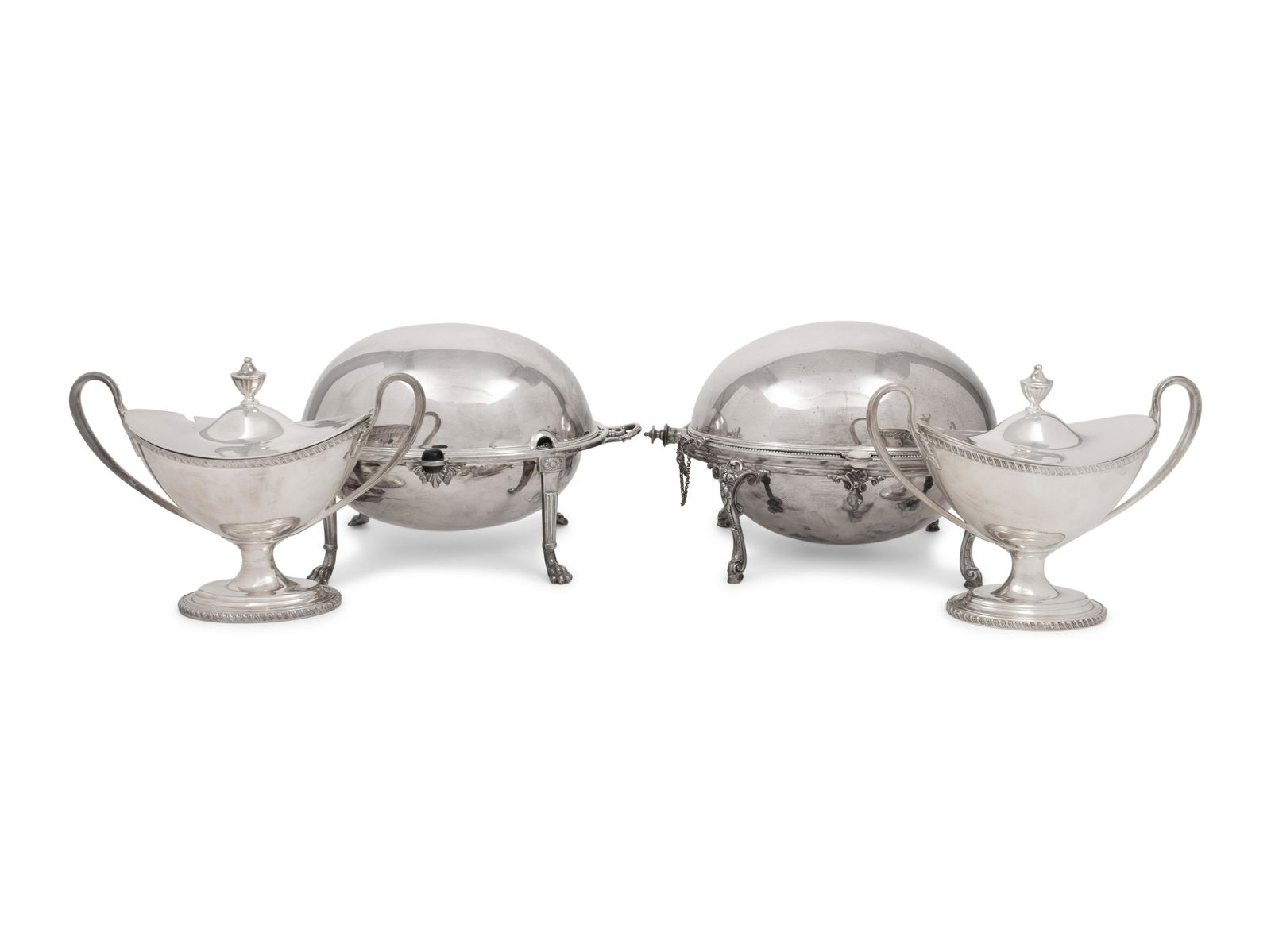 A Pair of Silver-Plate Sauce Tureens and Two Silver-Plate Warmers Height of first 7 1/2 inches. (1 of 5)