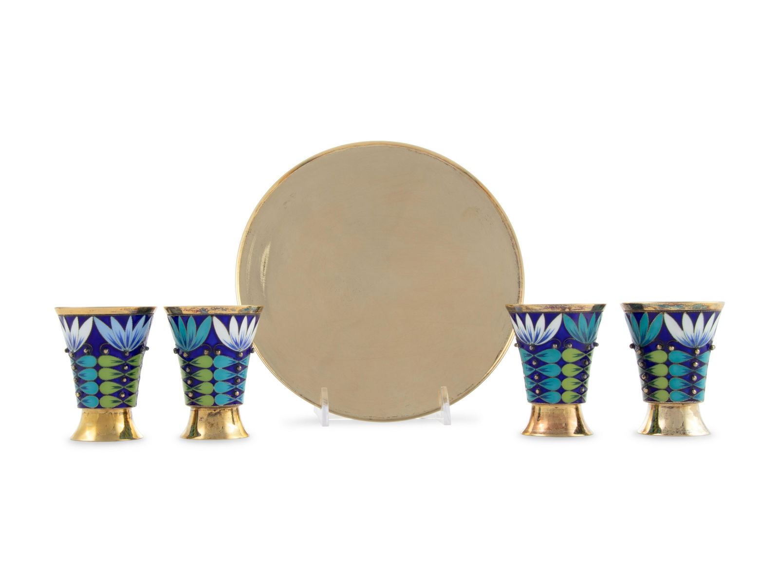 A Russian Enameled Silver Drinks Set Diameter of tray 6 1/2 inches; height of cups 2 5/8 inches. (1 of 3)