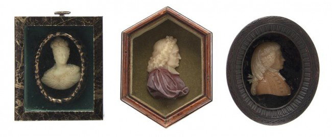 Two English Wax Profile Busts, Height of largest bus: Two English Wax Profile Busts, depicting Lords, together with a French wax portrait bust of Empress Marie Louise, each framed. Height of largest bust 3 1/2 inches.