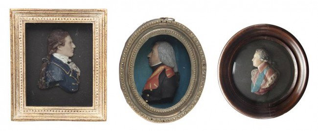 Three Wax Profile Busts, Height of largest bust 3 1/: Three Wax Profile Busts, one depicting a Duke with a blue sash and ermine shoulder accent, another depicting Benedict Arnold and the third an unknown figure, each with polychrome decoration. Height of