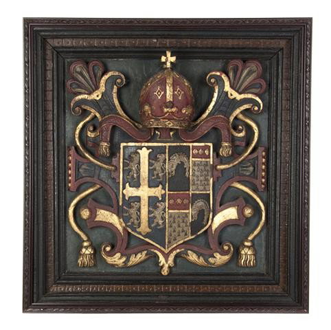 An English Carved Wood Coat of Arms, Height 23 5/8 x: An English Carved Wood Coat of Arms, depicting the coat of arms of Bishop James of Durham, 1606-1617, showing a bishops mitre over the armorial shield with polychrome and gilt decoration throughout. H