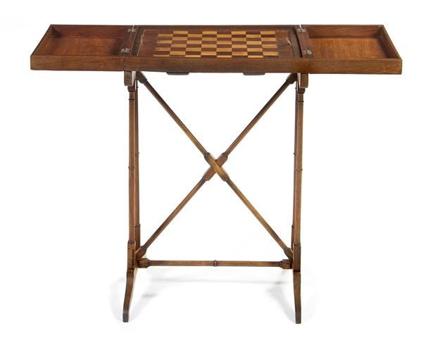 An Inlaid Mahogany Folding Games Table, Height 29 1: An Inlaid Mahogany Folding Games Table, 20th century, having a rectangular top opening to the playing surface over turned legs joined by an X-form stretcher, raised on downswept feet. Height 29 1/2 x 