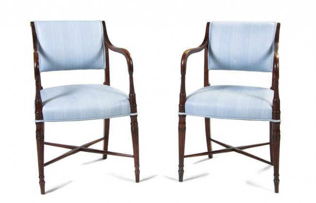 A Pair of Regency Mahogany Armchairs, Height 32 1/: A Pair of Regency Mahogany Armchairs, circa 1800, each having a twist carved frame, raised on reeded tapering legs. Height 32 1/2 inches. Property from the William H. Moore Trust, Dorset, Vermont