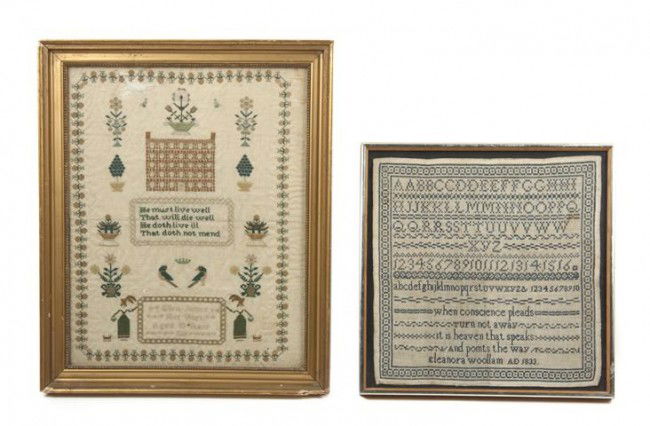 Two English Samplers, Height of larger 16 x width: Two English Samplers, comprising an example in blue stiching on a white reserve by Eleanora Woollam, dated 1833 and another example with a school house, plants, birds and girls with pets, by Ellen Jam