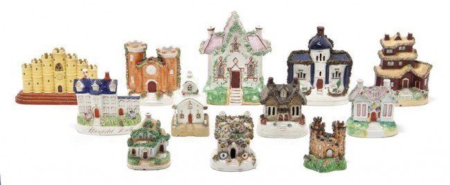 A Collection of Twelve English Pottery Incense Bur: A Collection of Twelve English Pottery Incense Burners, 19th century, each in the form of a cottage. Height of tallest 8 1/2 inches. Property from the William H. Moore Trust, Dorset, Vermont