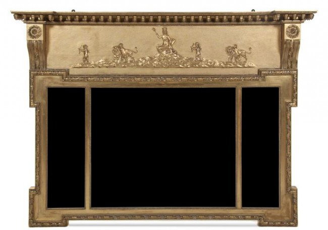 A Victorian Giltwood Over Mantel Mirror, Height 54: A Victorian Giltwood Over Mantel Mirror, having a block front cornice with acorn drop finials over a seated lady, lions and putti in relief above the three-part segmented rectangular plate. Height 54 
