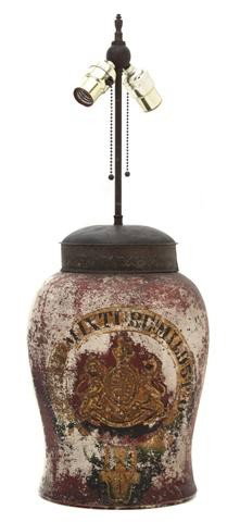 A Victorian Ceramic Tea Canister, Height overall 2: A Victorian Ceramic Tea Canister, of baluster form with a tole lid, mounted as a lamp. Height overall 25 inches. Property from the William H. Moore Trust, Dorset, Vermont