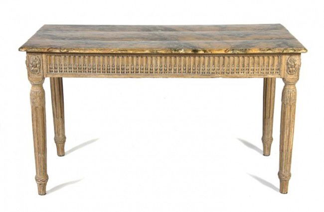 A Louis XVI Style Painted Console Table, Height 31: A Louis XVI Style Painted Console Table, having a rectangular faux marble top over the foliate carved frieze with rosettes at the corners, raised on acanthus carved fluted tapering legs. Height 31 3/4