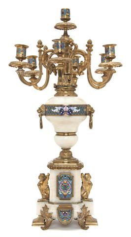 A Continental Onyx, Champleve and Bronze Candelabr: A Continental Onyx, Champleve and Bronze Candelabrum, having a baluster form base issuing the scrolling candle arms. Height 26 inches.