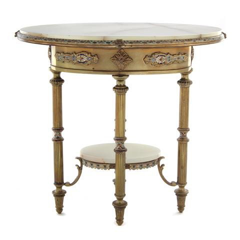 A Continental Onyx and Champleve Occasional Table,: A Continental Onyx and Champleve Occasional Table, having an oval top, raised on columnar supports joined by a medial shelf. Height 20 x width 21 x depth 20 inches.