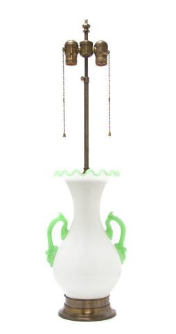 An Opaline Glass Vase, Height overall 30 3/8 inche: An Opaline Glass Vase, of baluster form with a flared rim and applied handles, mounted as a lamp. Height overall 30 3/8 inches.