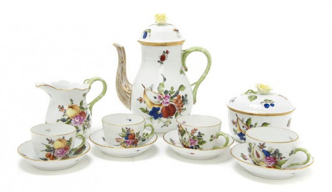 A Herend Porcelain Dinnerware Service for Twelve, : A Herend Porcelain Dinnerware Service for Twelve, comprising teacups, saucers, a coffee pot, a covered sugar, a creamer and ten serving articles, each with bird and insect decoration. Height of talles