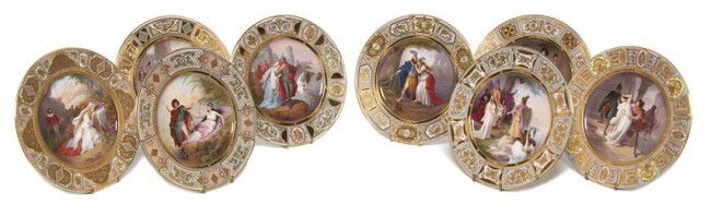 A Set of Eight Berlin (K.P.M.) Porcelain Cabinet P: A Set of Eight Berlin (K.P.M.) Porcelain Cabinet Plates, each centered with a Wagnerian operatic scene comprising Der Fliegende Hollander, Die Walkure, Tannhauser, Rienzi, Die Meistersingen von Nurnbe