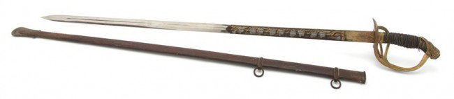 A German Silver Inlaid Sword and Scabbard, Length: A German Silver Inlaid Sword and Scabbard, having a basket hilt with shagreen and wire wrapped grip terminating in a gilt pommel impressed WS, the blade with gilt and floral decoration and inscription