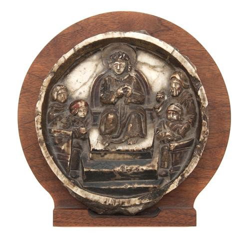 A Continental Carved Marble Roundel, Diameter 6 in: A Continental Carved Marble Roundel, depicting religious figures, having remnants of polychrome accents. Diameter 6 inches. Property from the Collection of Mr. and Mrs. John F. Monroe, Milwaukee, Wisc