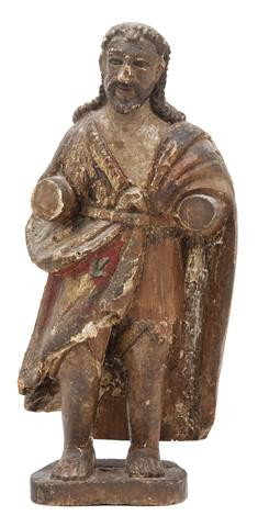 A Continental Carved and Polychrome Decorated Sant: A Continental Carved and Polychrome Decorated Santos Figure, depicting a standing bearded man. Height 15 inches. Property from the Collection of Mr. and Mrs. John F. Monroe, Milwaukee, Wisconsin