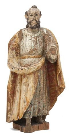 A Carved and Polychrome Decorated Santos Figure, H: A Carved and Polychrome Decorated Santos Figure, depicting a robed saint with glass eyes. Height 20 3/4 inches. Property from the Collection of Mr. and Mrs. John F. Monroe, Milwaukee, Wisconsin