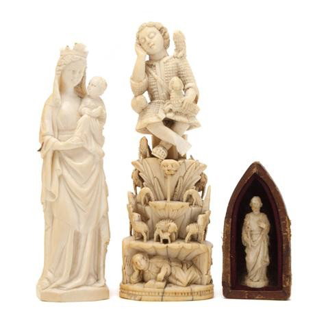 A Group of Three Continental Carved Ivory Figural: A Group of Three Continental Carved Ivory Figural Groups, depicting the Madonna and Child, a boy on a fountain with animals, and Jesus Christ. Height of tallest 6 inches. Property from the William H. 