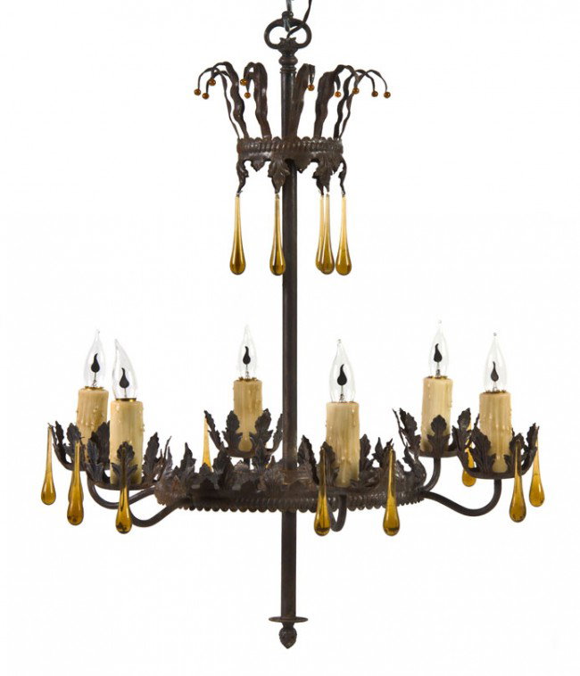 A Continental Tole Six-Light Chandelier, Height 31: A Continental Tole Six-Light Chandelier, having a baluster standard with a leaf decorated ring issuing the conforming candle arms hung with amber drop prisms. Height 31 inches.