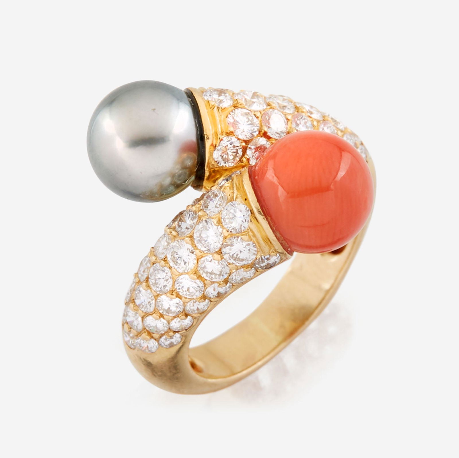 A coral, Tahitian black cultured pearl, diamond, and gold ring, Van Cleef & Arpels (1 of 3)