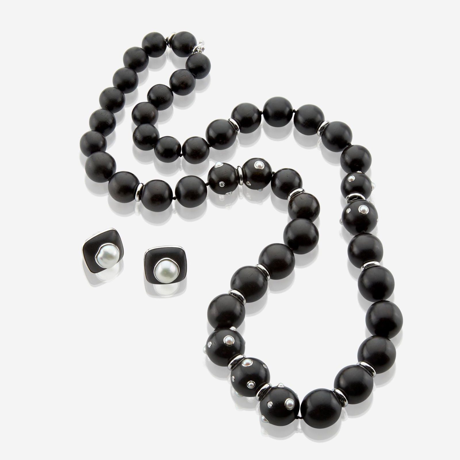A white gold, ebony, diamond, and pearl necklace with matching earrings Trianon by Seaman Schepps (1 of 2)