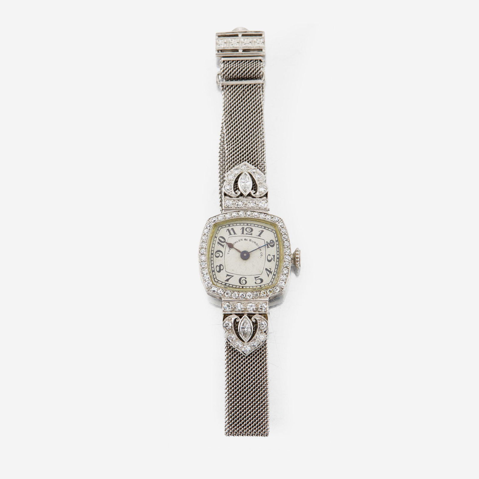 An Art Deco lady's platinum and diamond dress watch, The Bowler & Burdick Co.: An Art Deco lady's platinum and diamond dress watch, The Bowler & Burdick Co. A 18J swiss cresarrow W & Co. manual wind mechanical movement, arabic number markers, cased in a diamond framed platin
