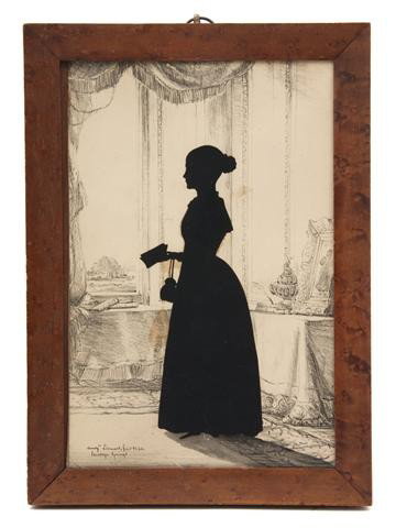 A Full Length Cut and Paste Silhouette of a Young: A Full Length Cut and Paste Silhouette of a Young Girl, August Edouart, depicted in a standing pose with a book in hand and a purse hanging from her wrist, set on a lithograph background of an interio