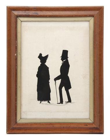 A Full Length Cut and Paste Silhouette of a Couple: A Full Length Cut and Paste Silhouette of a Couple, S.J. Woods, each depicted in a standing pose facing each other, the lady wearing a hat and the gentleman wearing a hat and holding a walking stick,