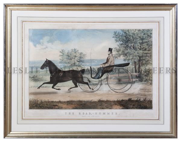 Nathaniel Currier, (American, 1813-1888), The Road: Nathaniel Currier (American, 1813-1888) The Road, - Summer. after R.A. Clarke colored lithograph dated 1853 20 1/4 x 28 inches (visible). From the Estate of Marcia T. Kreyling for the benefit of the