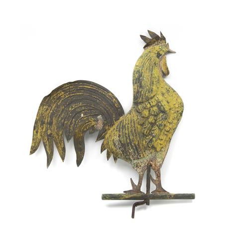 A Zinc and Copper Figural Weather Vane, Height 24: A Zinc and Copper Figural Weather Vane, in the form of a rooster, retaining some original paint. Height 24 inches. Property from the William H. Moore Trust, Dorset, Vermont