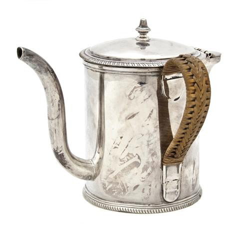 An English Silver Syrup Pitcher, Philip Norman, He: An English Silver Syrup Pitcher, Philip Norman, London, 18th century, with a wrapped handle; approximate weight overall 12.58 ozt. Height 4 1/8 inches. Property from the William H. Moore Trust, Dorset