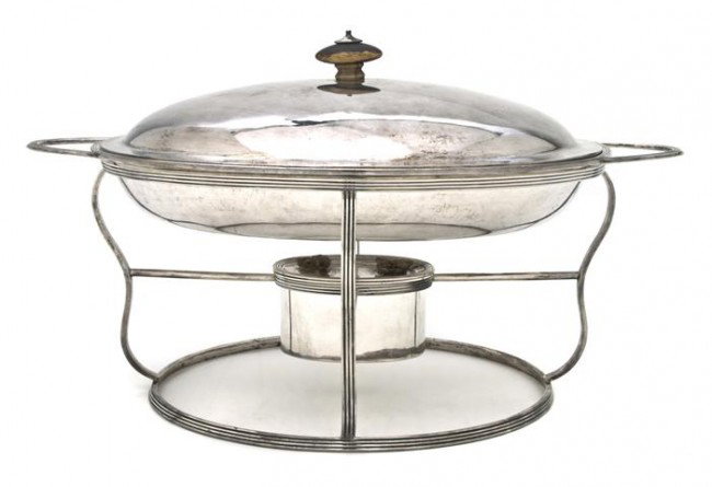 An English Silver Warming Dish on Stand, Width 13: An English Silver Warming Dish on Stand, London, maker's mark HC, with wood finial; approximate weight overall 48.48 ozt. Width 13 1/2 inches. Property from the William H. Moore Trust, Dorset, Vermont