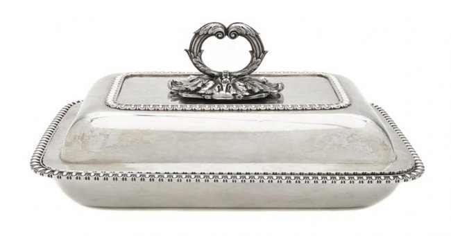 An English Silver Covered Entree, Benjamin Smith,: An English Silver Covered Entree, Benjamin Smith, London, 1815, having a leaf form handle and gadrooned border; approximate weight 50.01 ozt. Width 11 1/2 inches. Property from the William H. Moore Tr