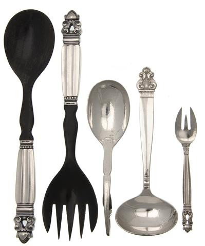 A Danish Silver Serving Set, Georg Jensen, Width o: A Danish Silver Serving Set, Georg Jensen, in the Acorn pattern, together with two other Georg Jensen silver articles and a Marthensen silver spoon. Width of set 8 1/4 inches. Property from the Willia