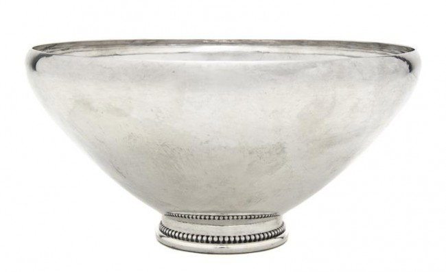 A Danish Silver Bowl, Georg Jensen, Diameter 7 1/4: A Danish Silver Bowl, Georg Jensen, of circular form, raised on a beaded foot, marked Denmark, Georg Jensen hallmark, sterling, 461A; approximate weight 15.28 ozt. Diameter 7 1/4 inches.