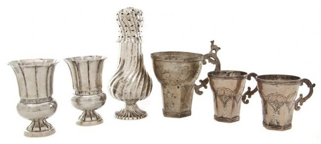 A Collection of Continental Silver and Silvered Me: A Collection of Continental Silver and Silvered Metal Articles, comprising a caster, tygs and two urns. Height of first 7 5/8 inches. Property from the William H. Moore Trust, Dorset, Vermont